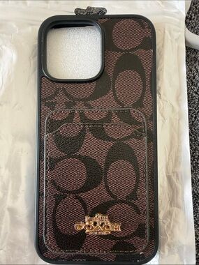 Coach Brown and Black Signature Card Phone Case with Gold Logo